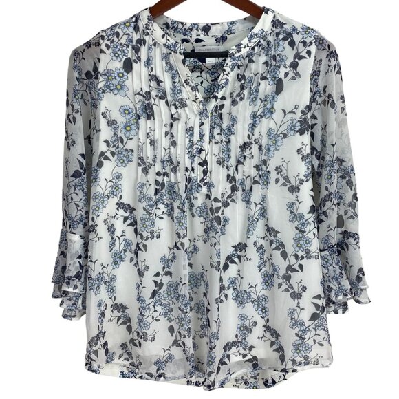 Charter Club XS White Floral Blouse With Ruffle Sleeves &amp; Pleated Front - Picture 1 of 5